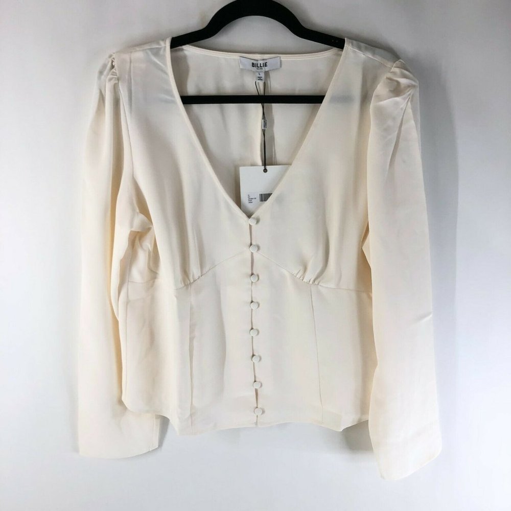 Billie the Label Jacinda Puff Sleeve Top Button Front V Neck Blouse Ivory Size L